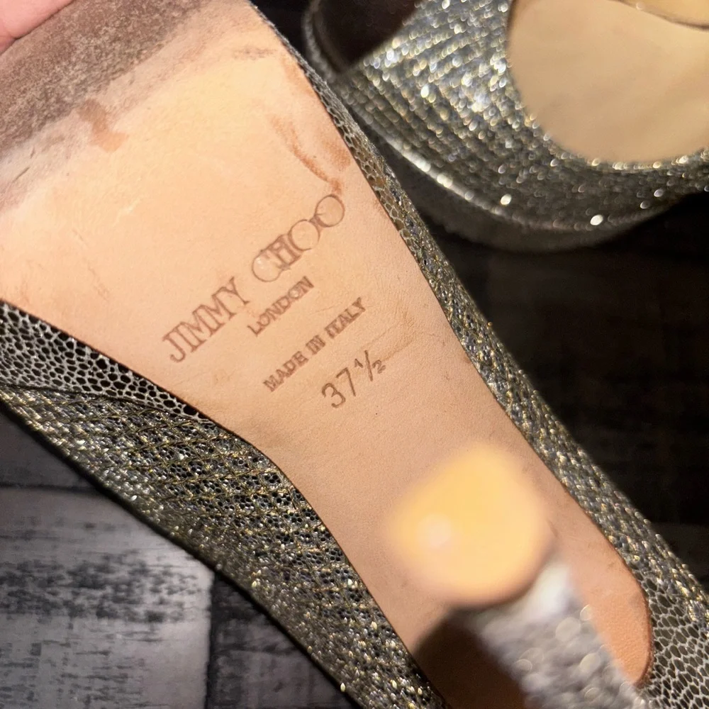 Jimmy Choo Crown  Glitter Fabric Champagne  Platform  7.5 - Picture 9 of 9